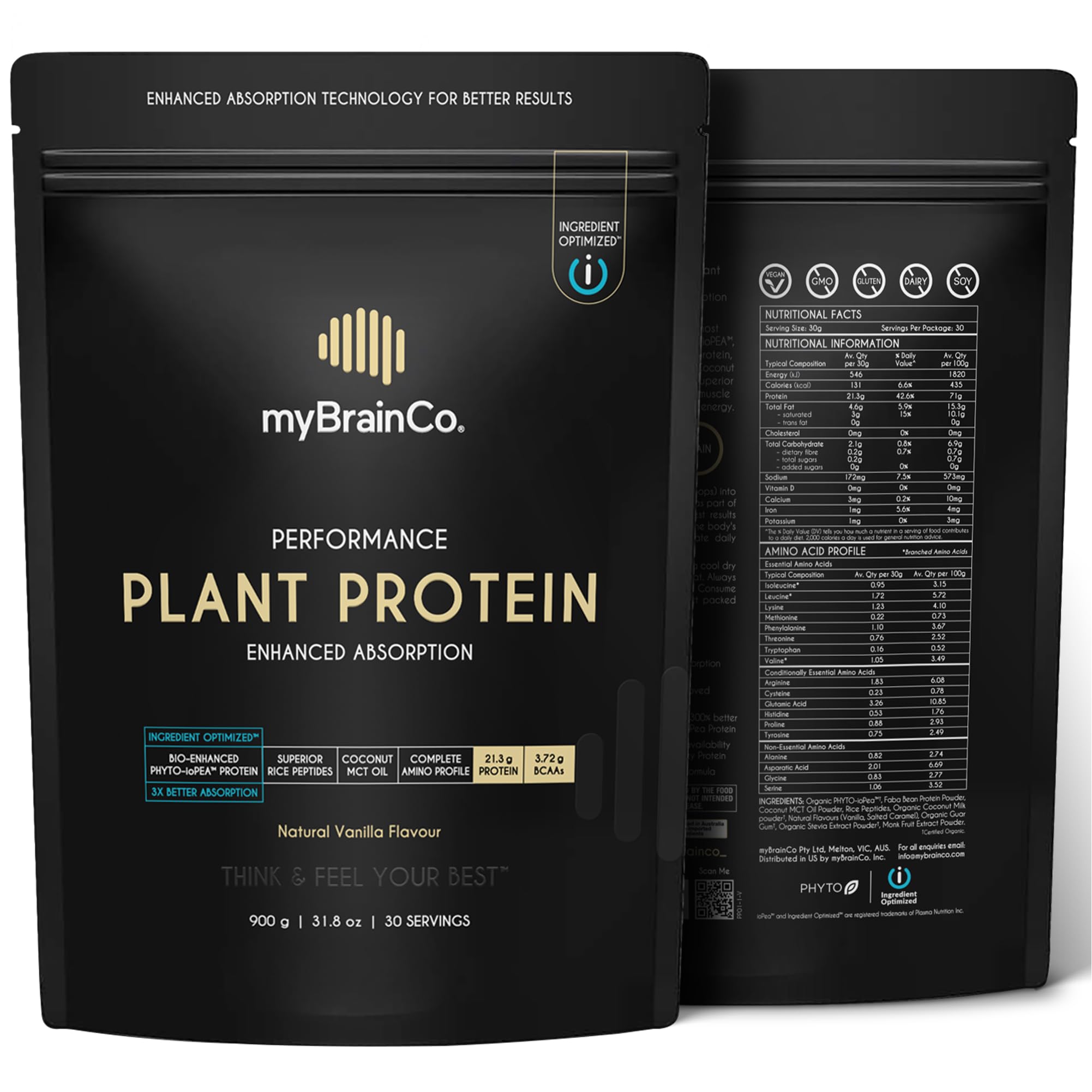 myBrainCo bio-optimized plant protein natural vanilla bottle with creamy texture for shakes