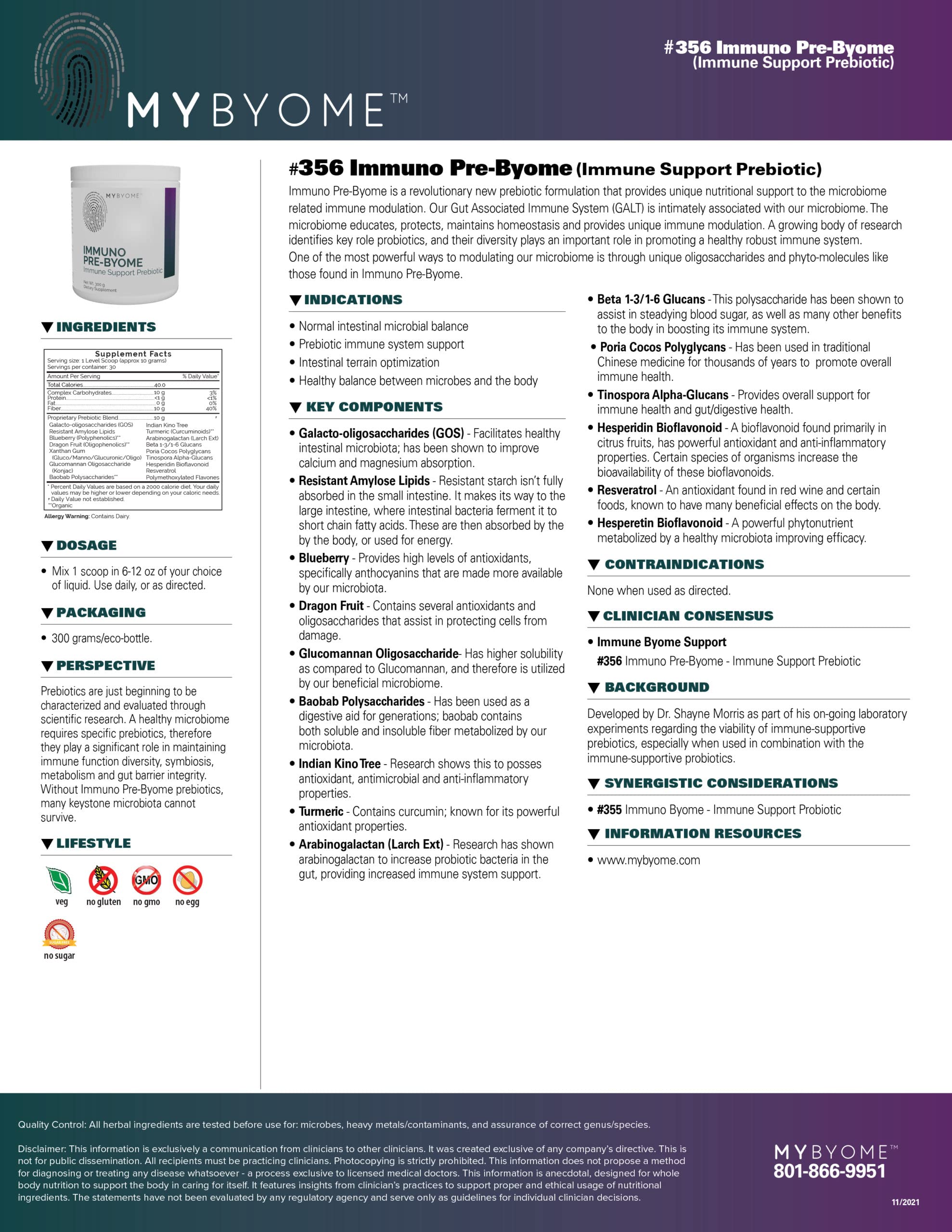 MYBYOME Immuno Pre-Byome ingredients label highlights prebiotic fibers for gut health.