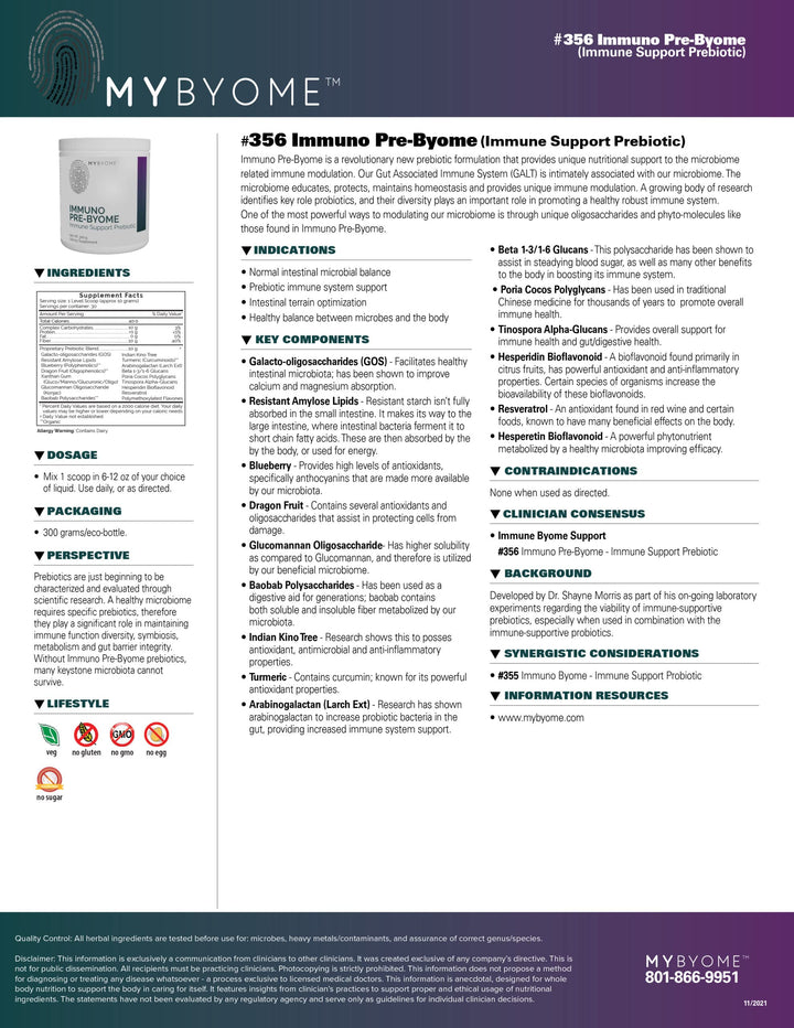 MYBYOME Immuno Pre-Byome ingredients label highlights prebiotic fibers for gut health.