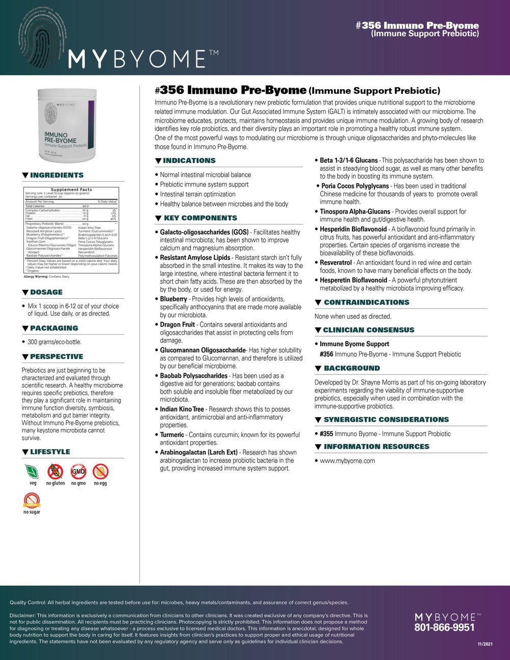 MYBYOME Immuno Pre-Byome ingredients label highlights prebiotic fibers for gut health.
