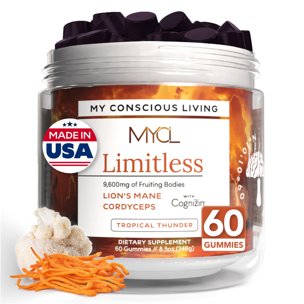 MYCL Limitless bottle front shows vibrant gummies for focused study and daytime energy.