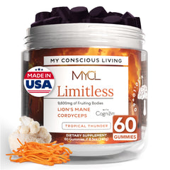 MYCL Limitless bottle front shows vibrant gummies for focused study and daytime energy.