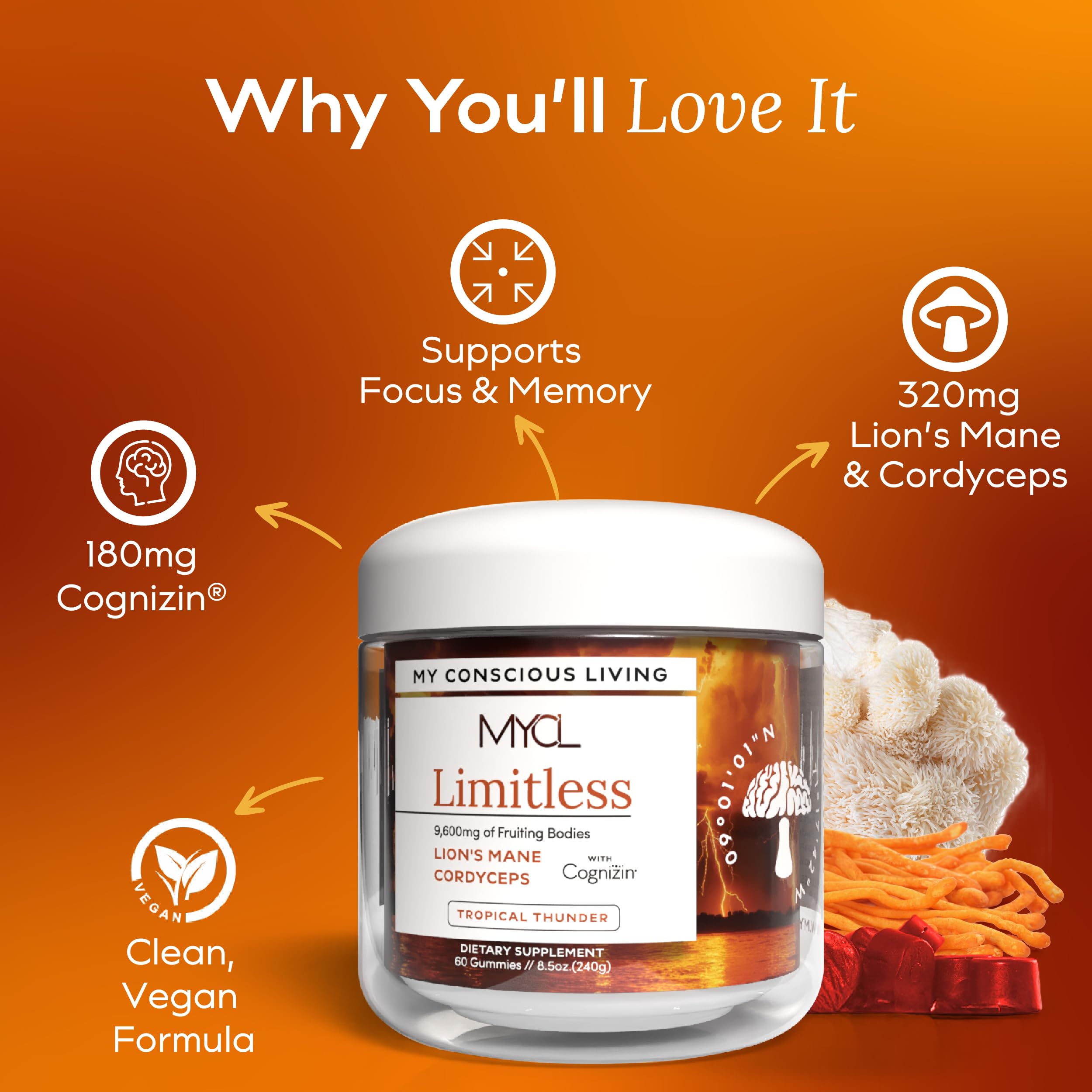 MYCL Limitless packaging flatlay presents the product alongside nutrition highlights for daily use.