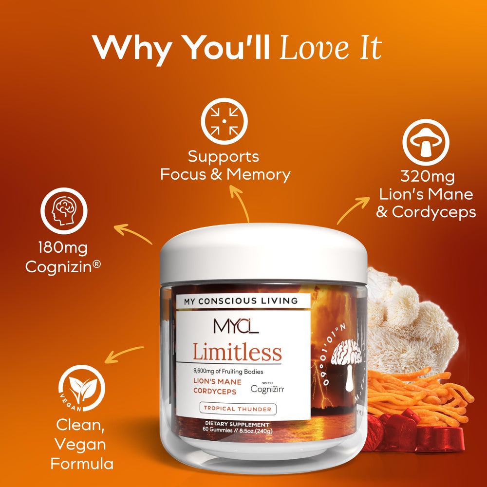 MYCL Limitless packaging flatlay presents the product alongside nutrition highlights for daily use.