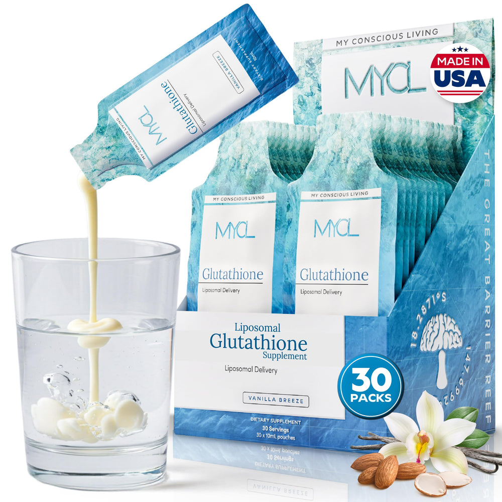 MYCL liposomal glutathione vanilla almond bottle for on-the-go skin vitality.