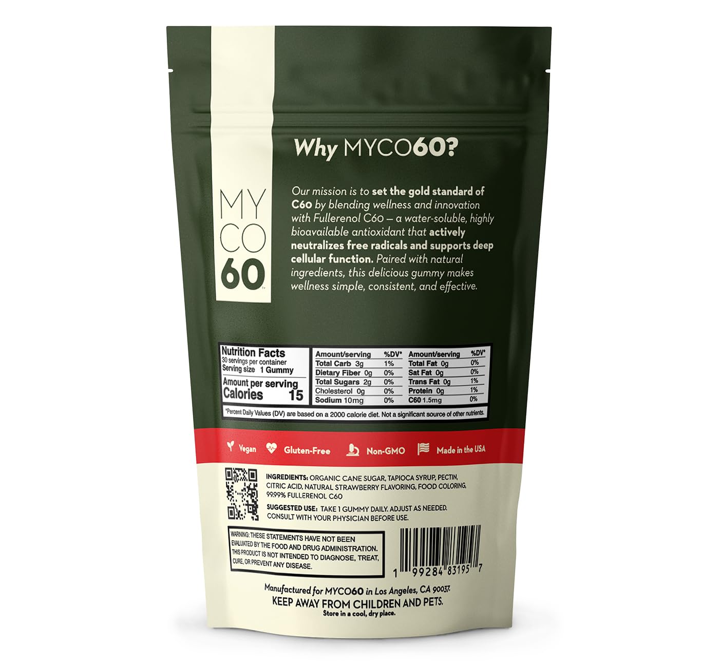 Close-up of MYCO60 C60 Gummies shows strawberry bites for convenient daily wellness.