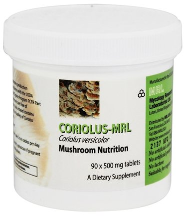 Mycology Research Labs Coriolus-MRL 90 tablets bottle closeup for easy daily supplementation