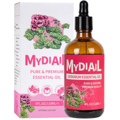 MYDIAIL Geranium Essential Oil 118ml bottle, pure and versatile for DIY skincare and diffusers.