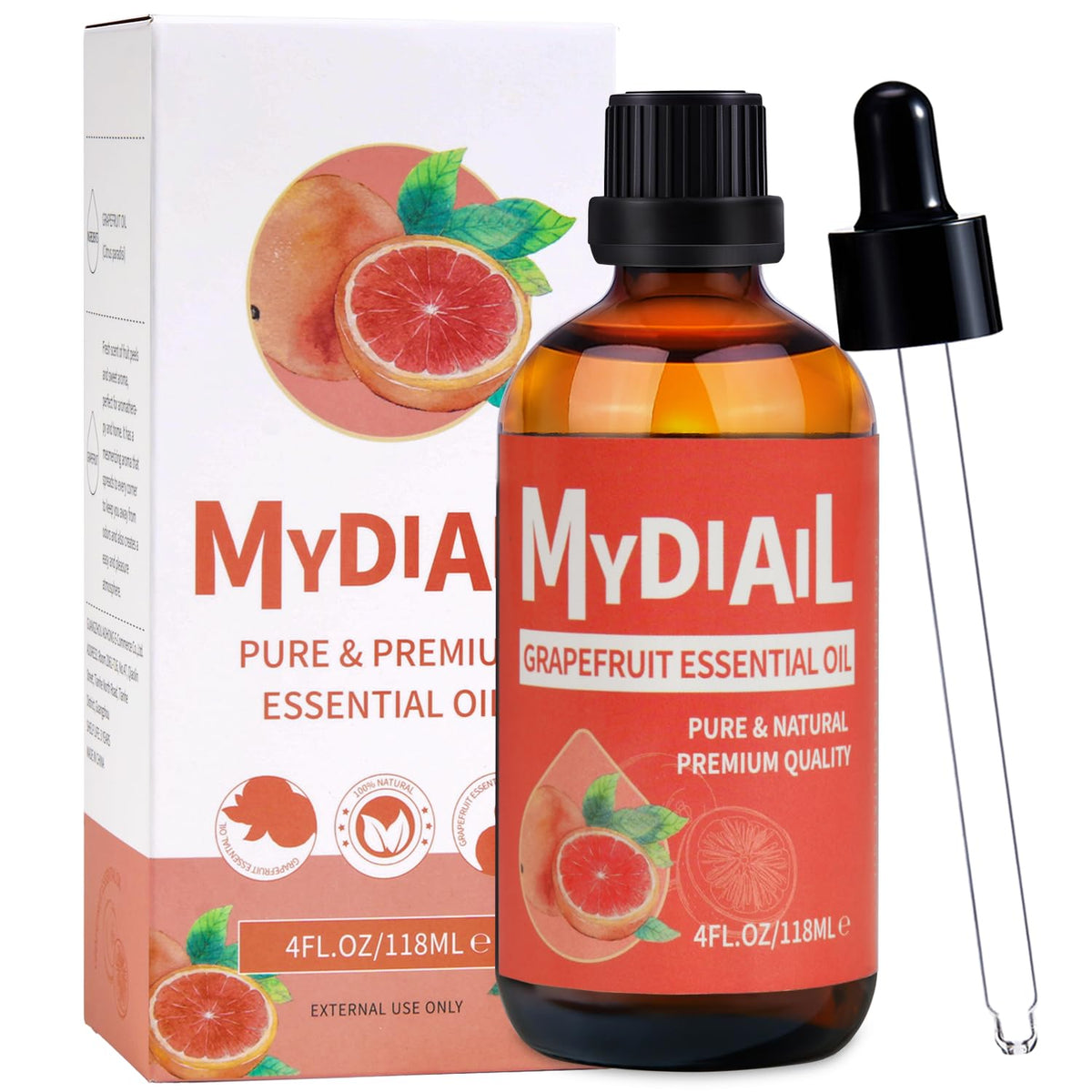 MYDIAIL Grapefruit essential oil bottle pour for precise aroma dosing.