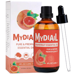 MYDIAIL Grapefruit essential oil bottle pour for precise aroma dosing.