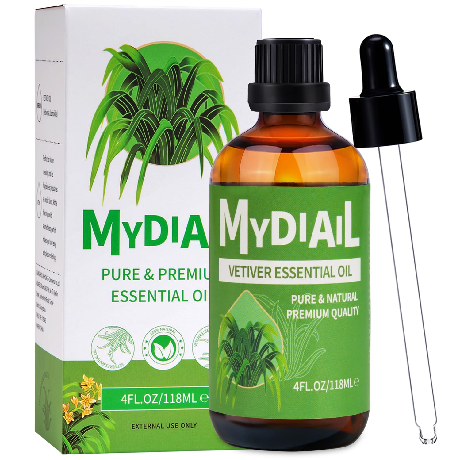 MYDIAIL Vetiver essential oil bottle with dropper for precise dosing and aroma.