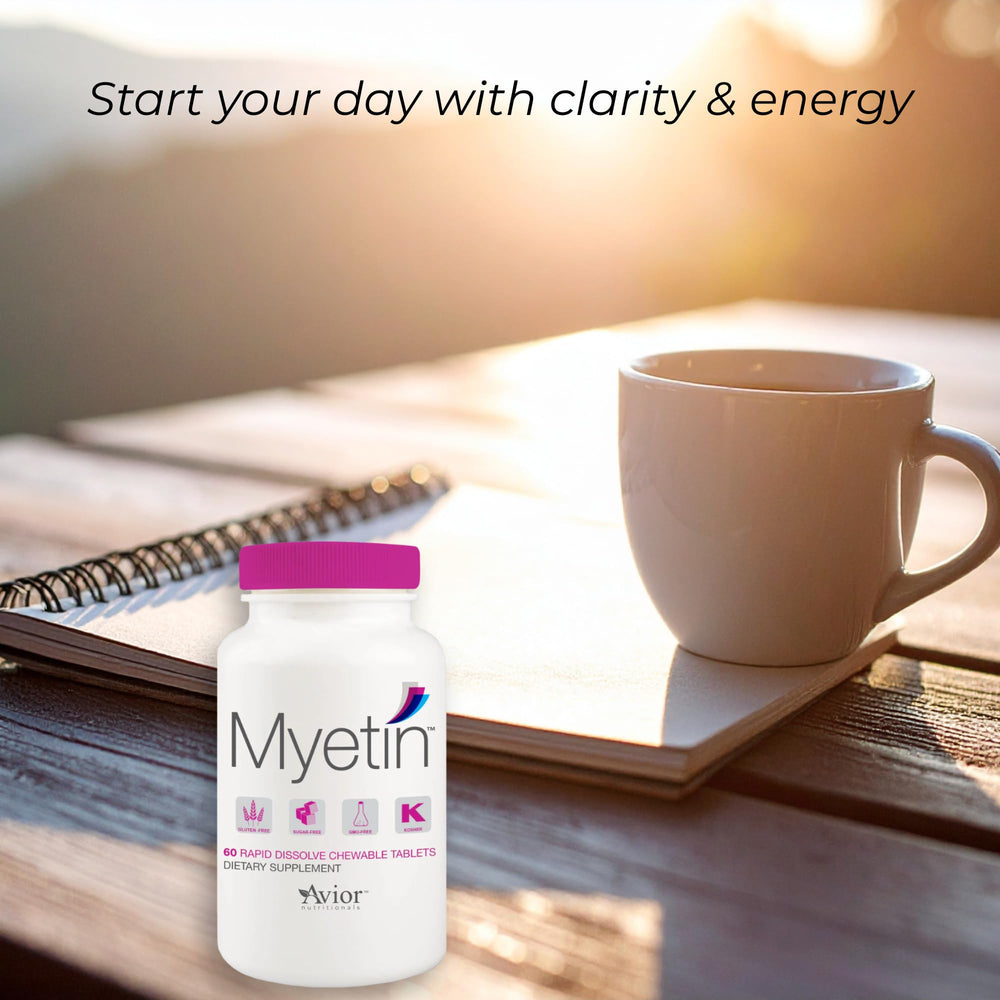 Textured chewable tablet detail shows quick dissolving action with Myetin Biotin blend