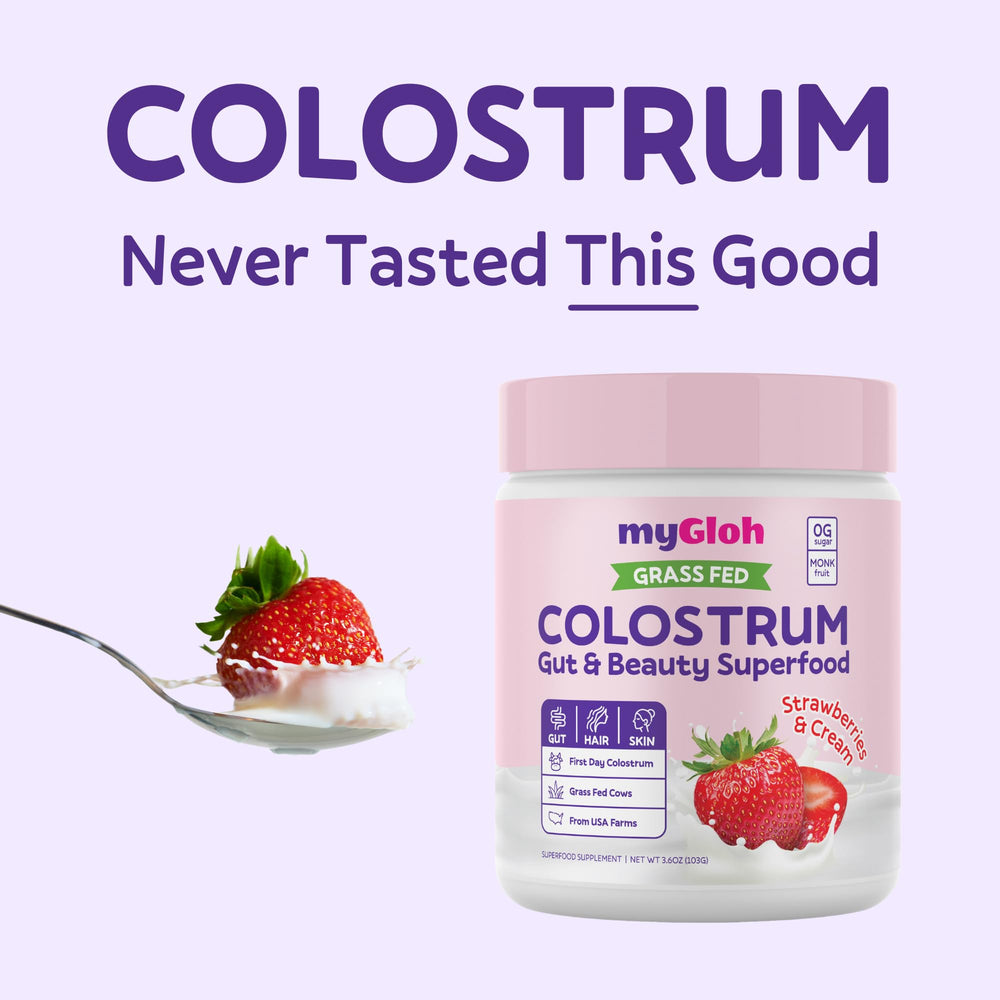 MyGloh Colostrum Powder ingredients panel highlights IgG and lactoferrin.