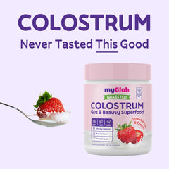 MyGloh Colostrum Powder ingredients panel highlights IgG and lactoferrin.