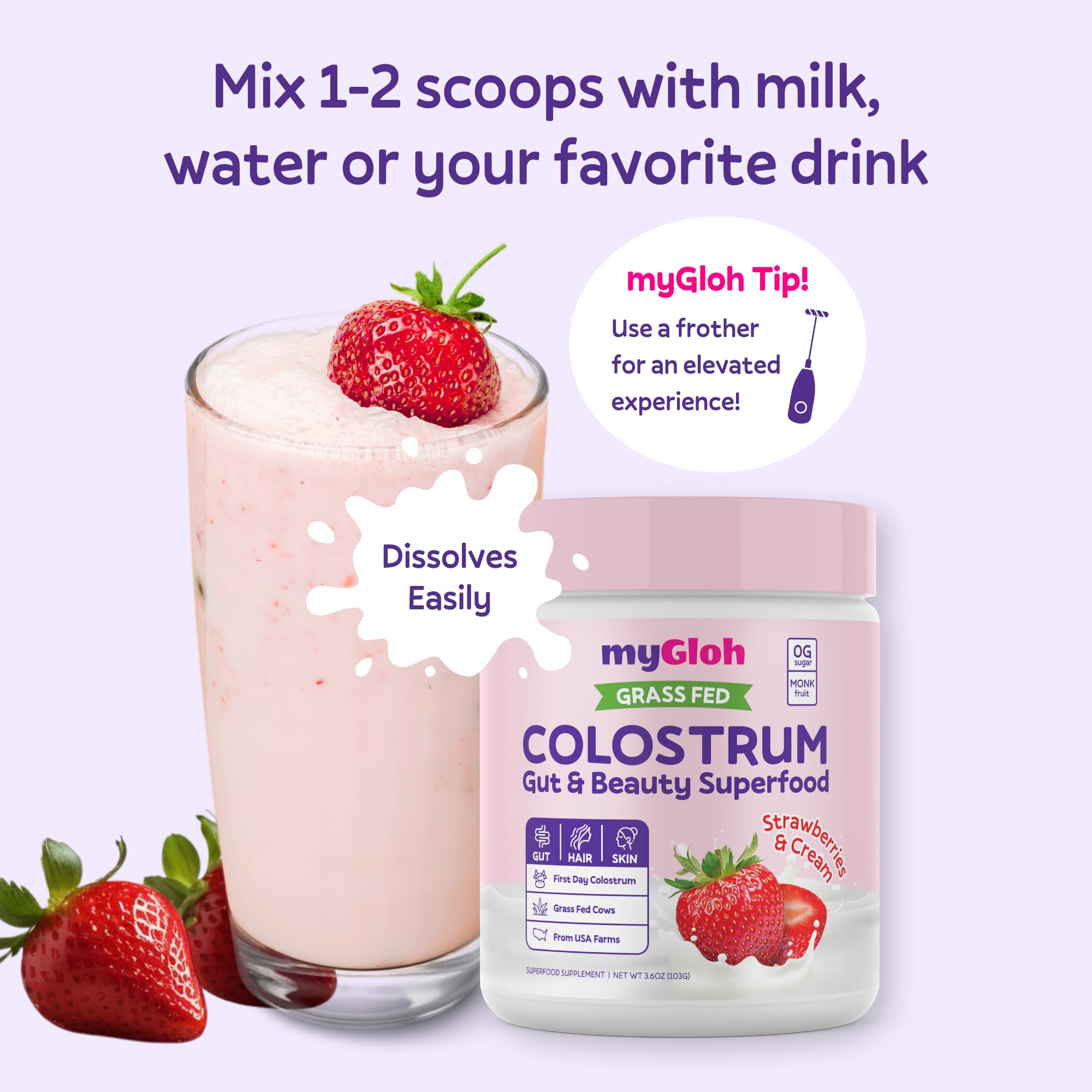 MyGloh Colostrum Powder skin glow visual indicates radiant complexion potential.