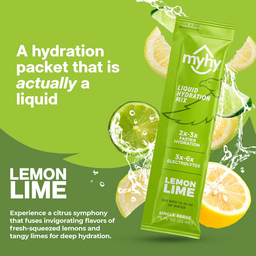 MyHy hydration packets lemon-lime box back highlights travel-ready packaging for easy hydration.