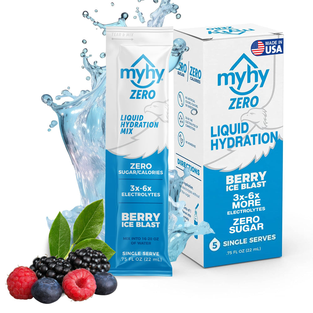 MyHy Zero Hydration Packets Berry closeup showing powder dissolving for quick hydration