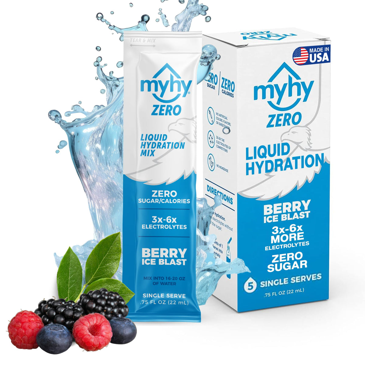 MyHy Zero Hydration Packets Berry closeup showing powder dissolving for quick hydration