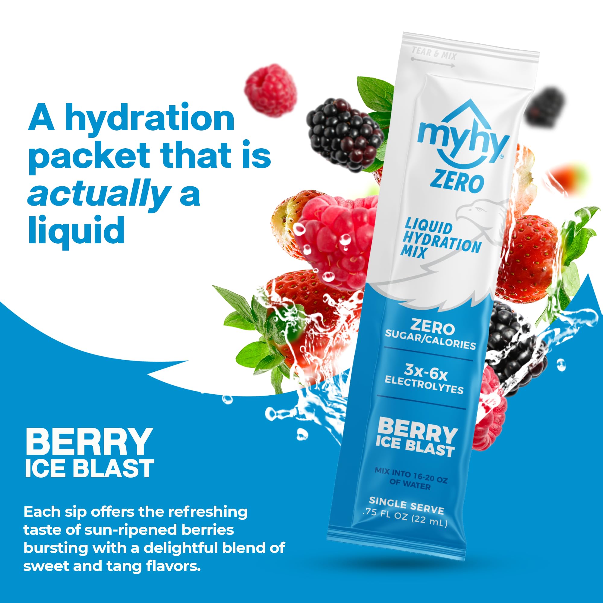 MyHy Zero Hydration Packets Berry being poured into water for fast hydration
