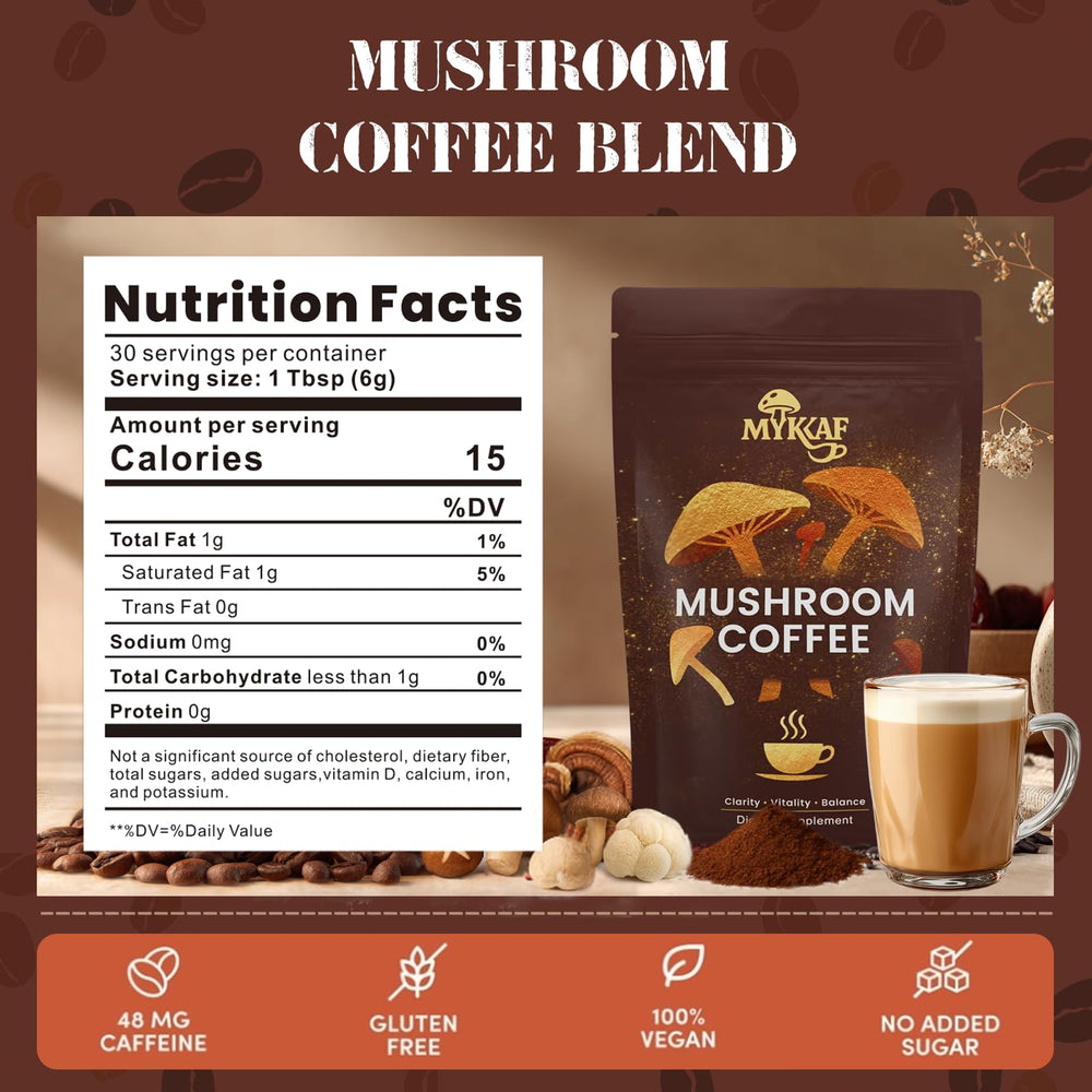 MYKAF 30-serving bag of mushroom coffee arranged for daily use