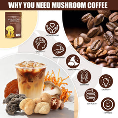 MYKORA Mushroom Coffee visual with MCT oil highlights clean energy.
