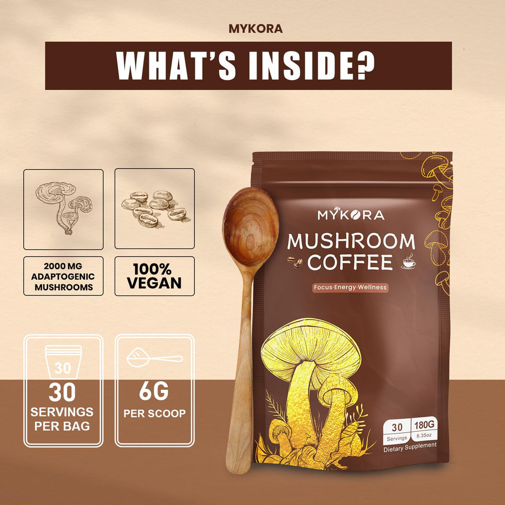 MYKORA Mushroom Coffee morning routine scene suggests calm focus.