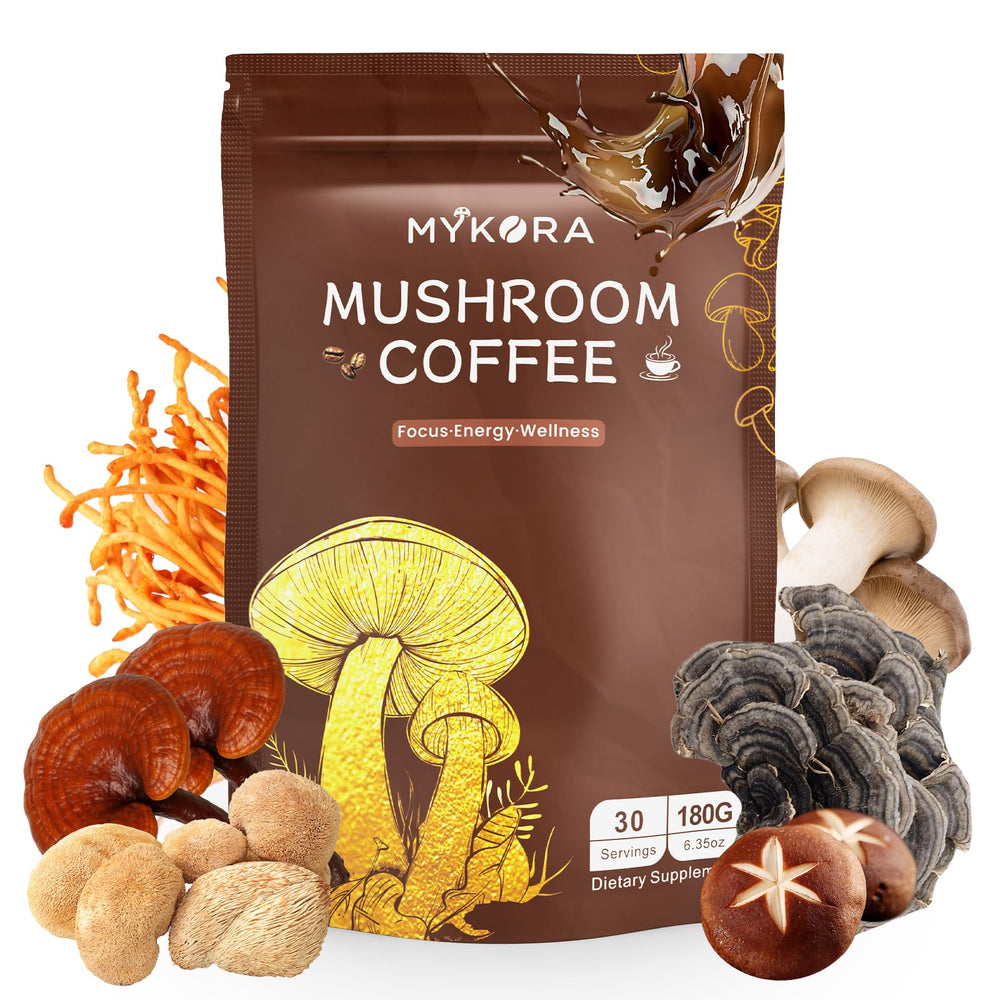 MYKORA Mushroom Coffee pack shot for a daily focus and energy boost.