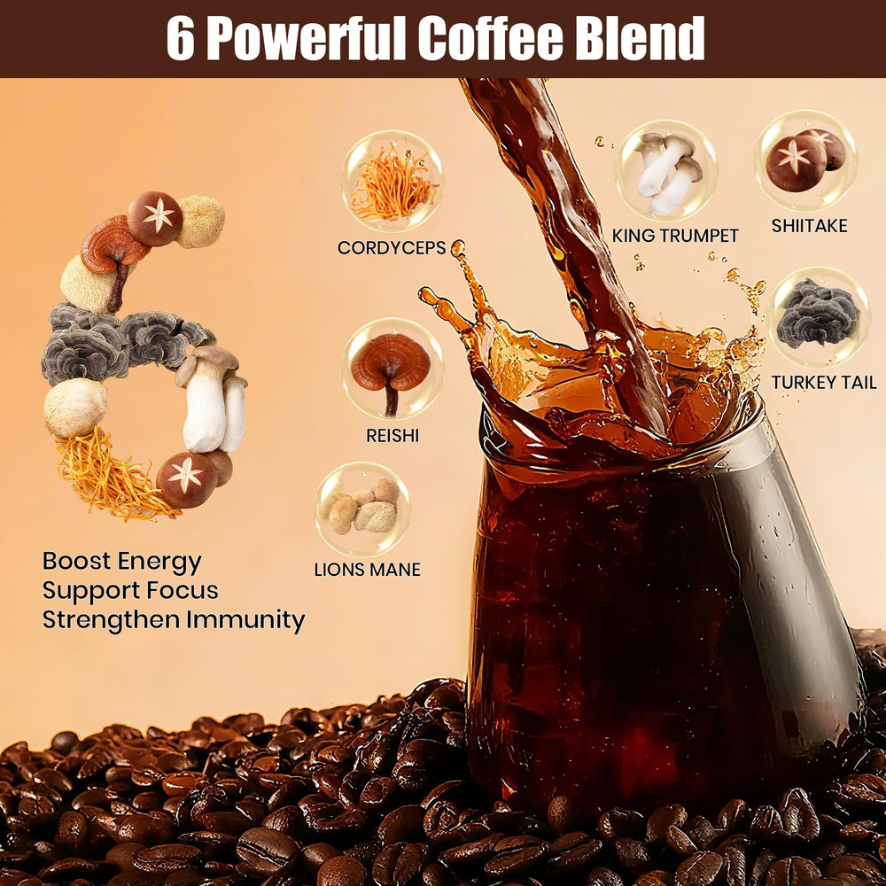 MYKORA Mushroom Coffee measuring scoop illustrates quick brew convenience.