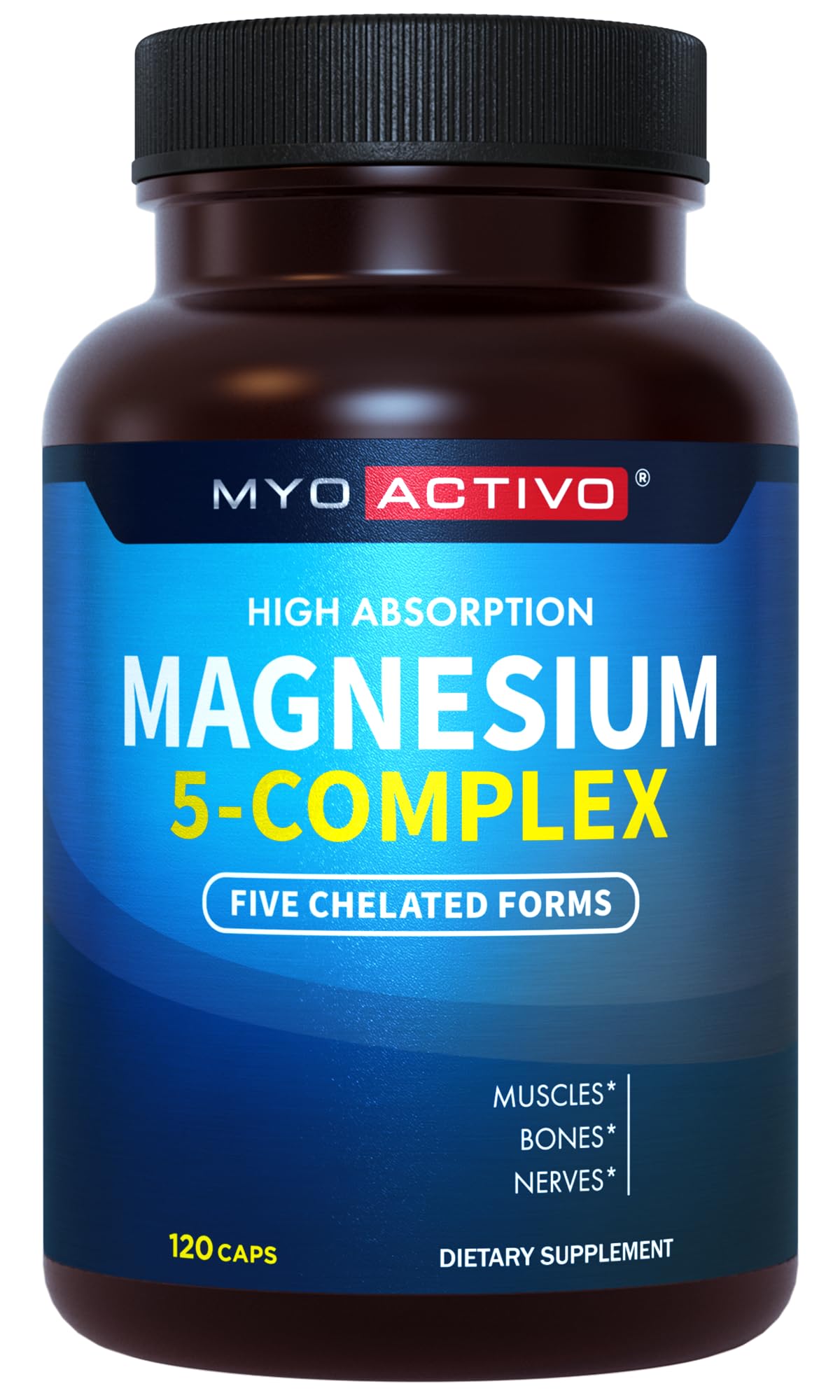 MyoActivo 5in1 magnesium bottle shows high-absorption chelated forms for nerves and muscles.