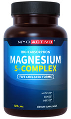 MyoActivo 5in1 magnesium bottle shows high-absorption chelated forms for nerves and muscles.