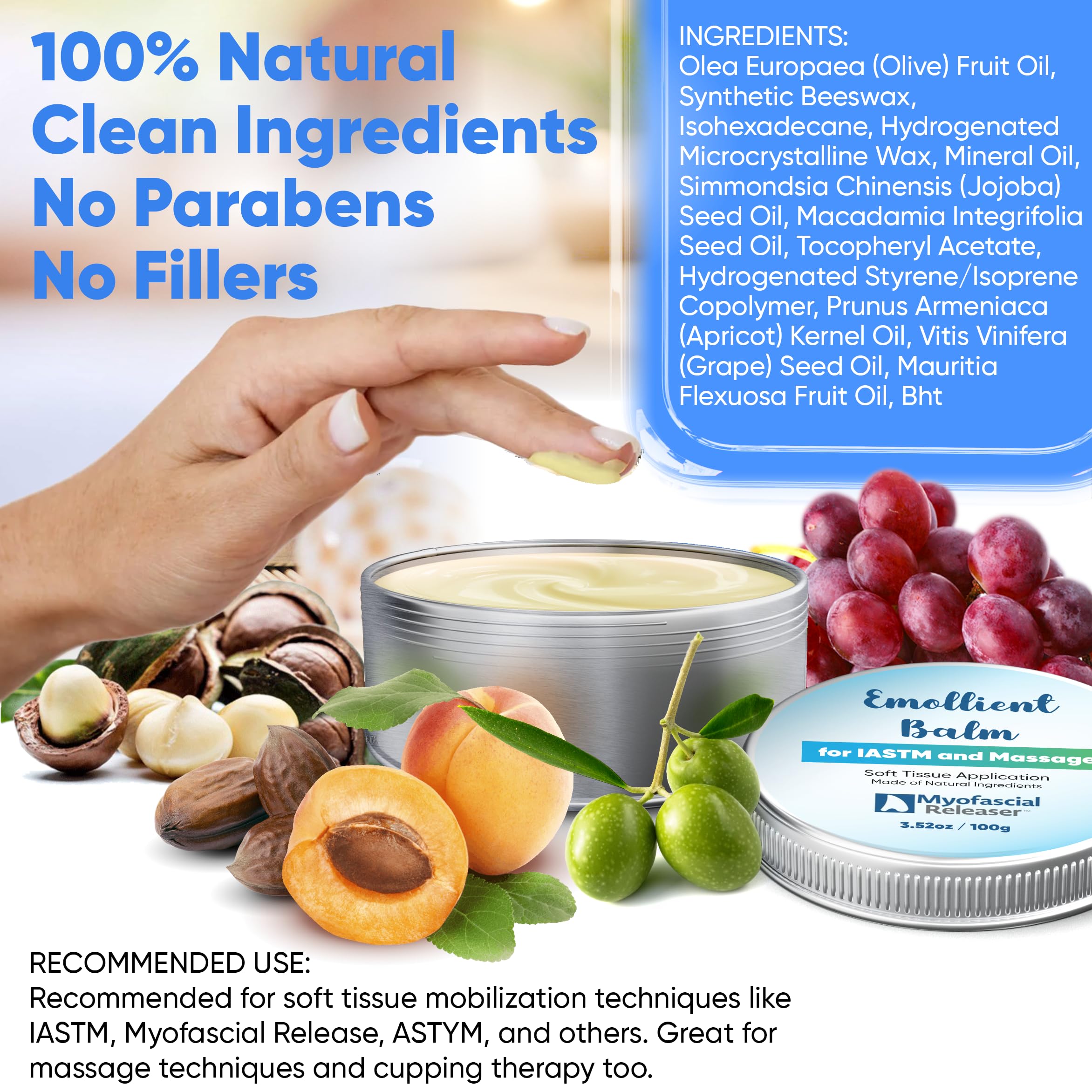 Myofascial Releaser natural oil blend hydrates skin during treatment.