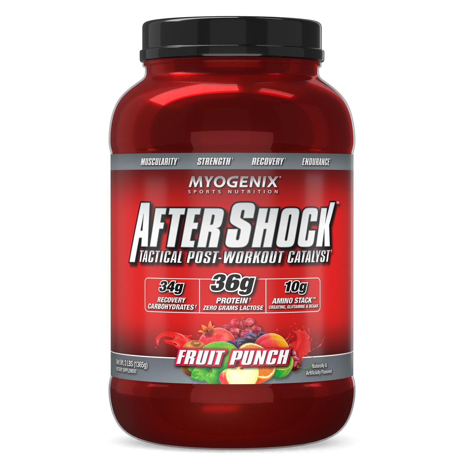 Myogenix AFTERSHOCK bottle 3lbs showing a premium post-workout recovery product.