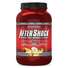 Myogenix Aftershock bottle front in pina colada flavor signaling recovery potential.