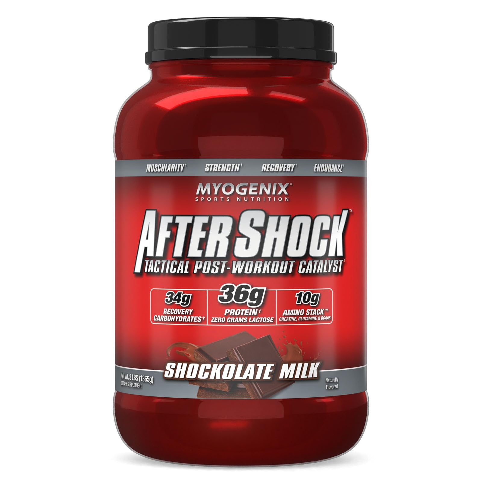 Myogenix Aftershock chocolate milk shaker ready for post-workout recovery.