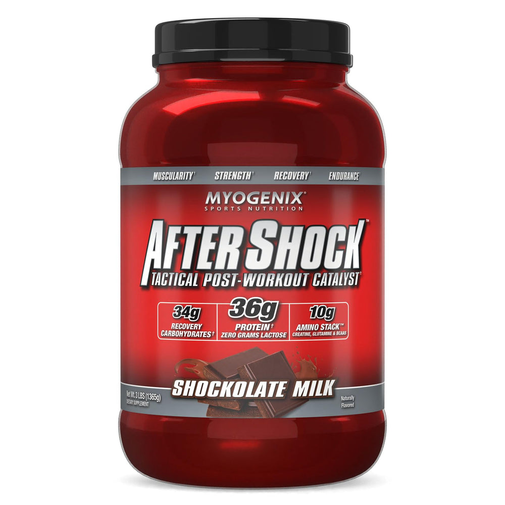 Myogenix Aftershock chocolate milk shaker ready for post-workout recovery.