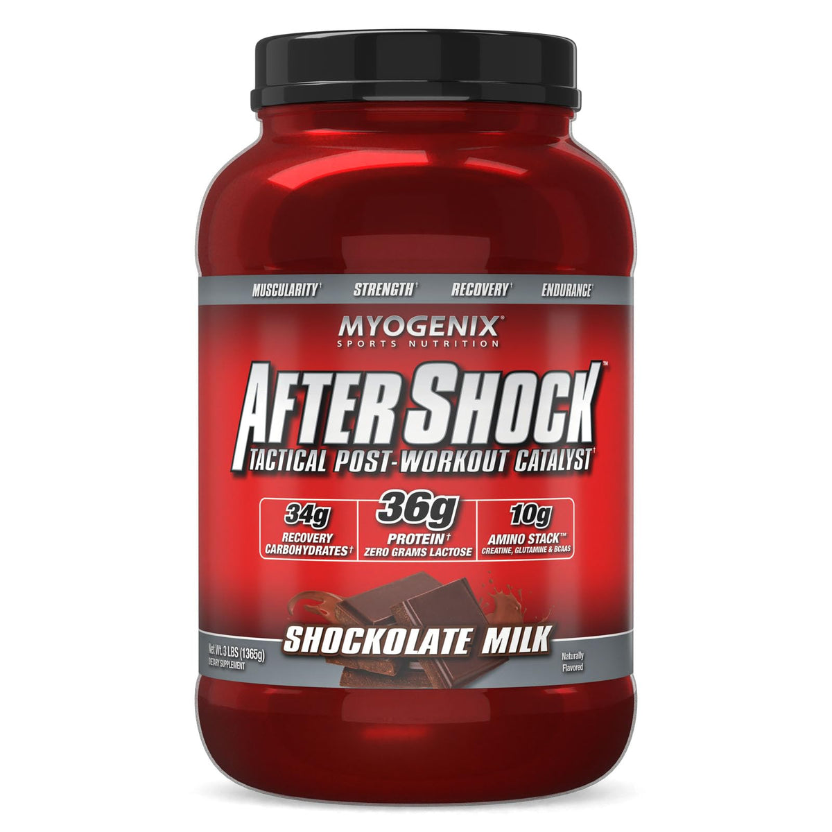 Myogenix Aftershock chocolate milk shaker ready for post-workout recovery.