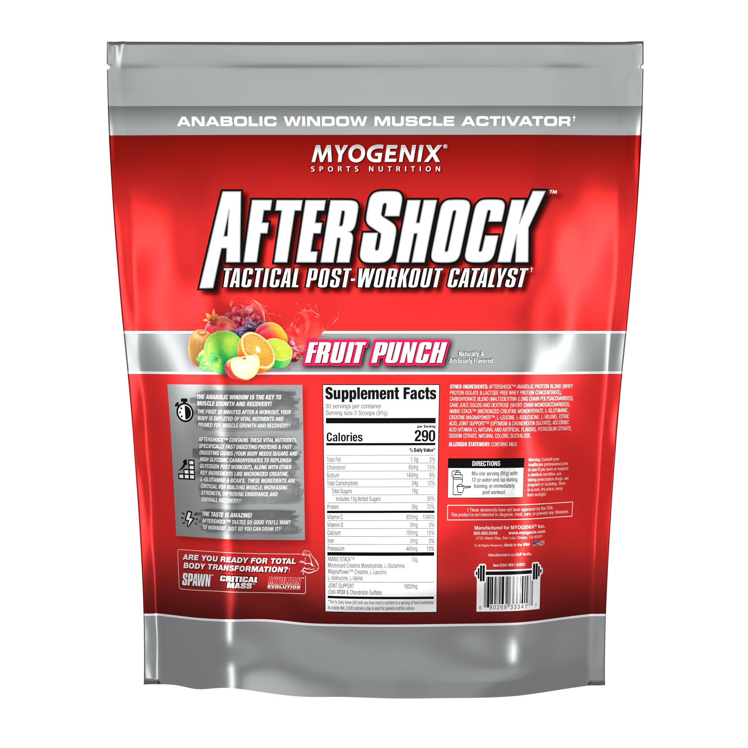 Myogenix Aftershock label highlights 34g protein per serving