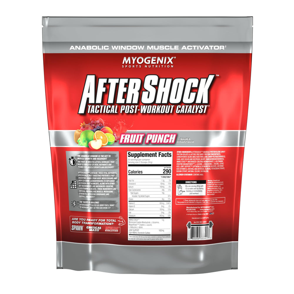 Myogenix Aftershock label highlights 34g protein per serving