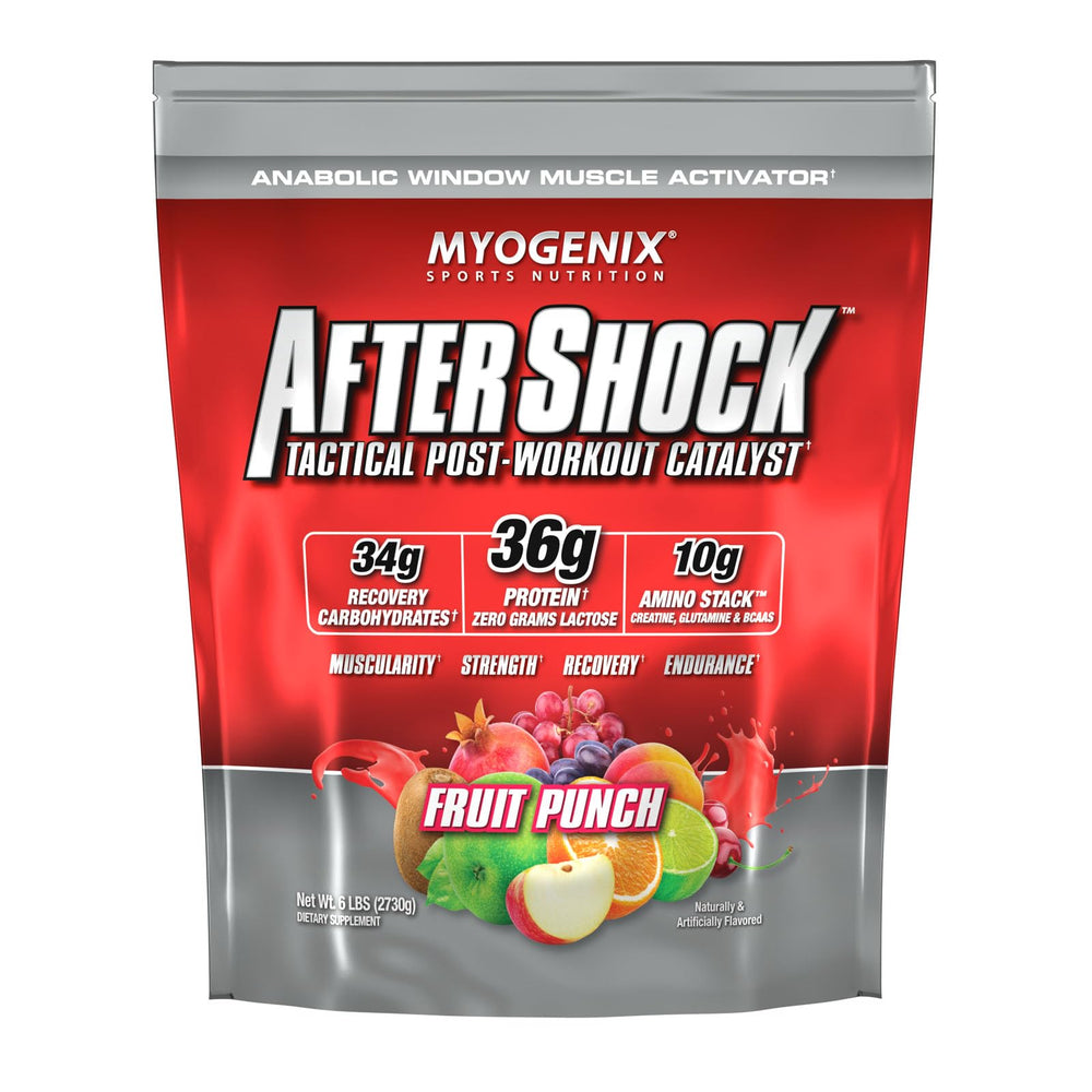 Myogenix Aftershock powder tub shown for post-workout recovery and lean gains