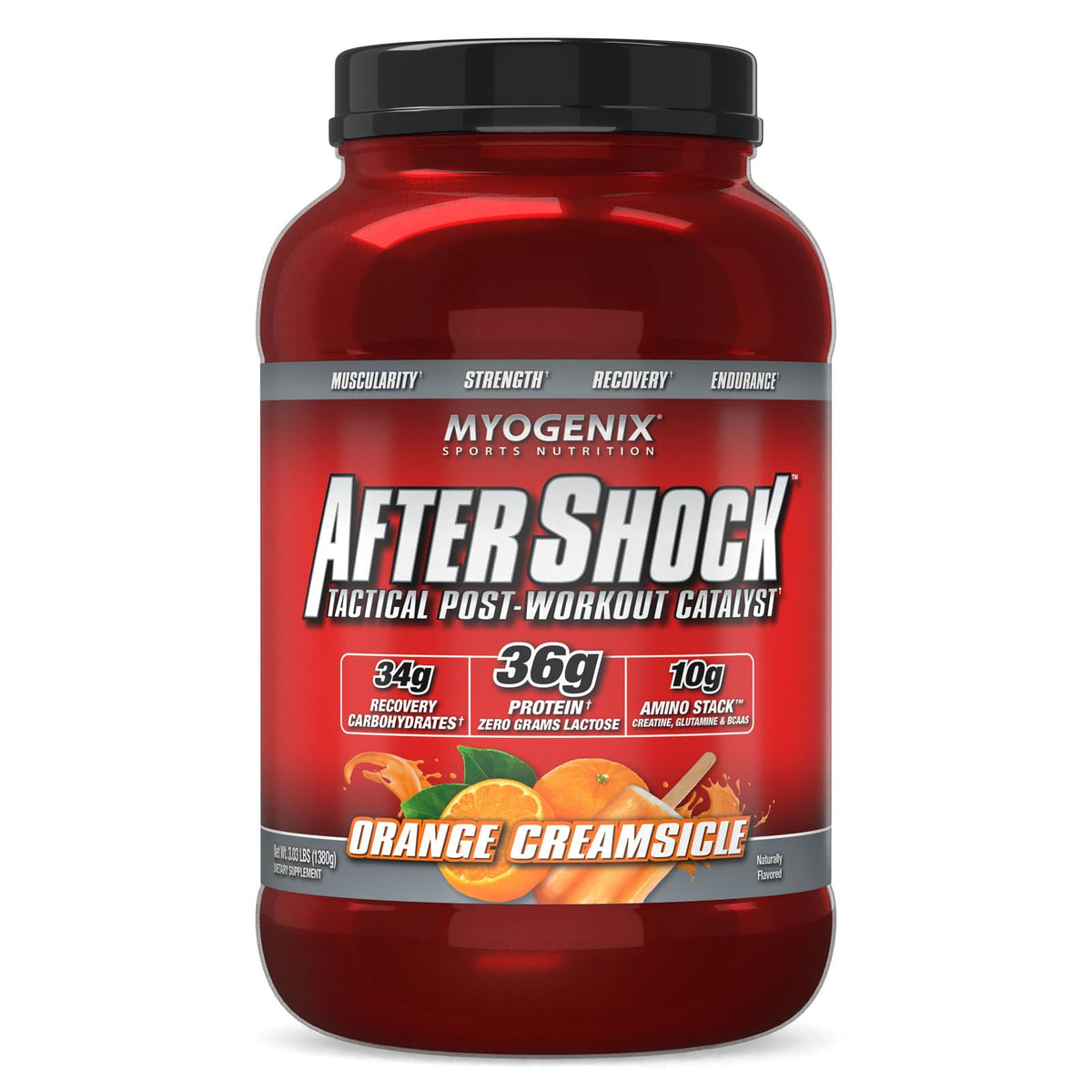 Myogenix Aftershock orange creamsicle tub front for post-workout recovery