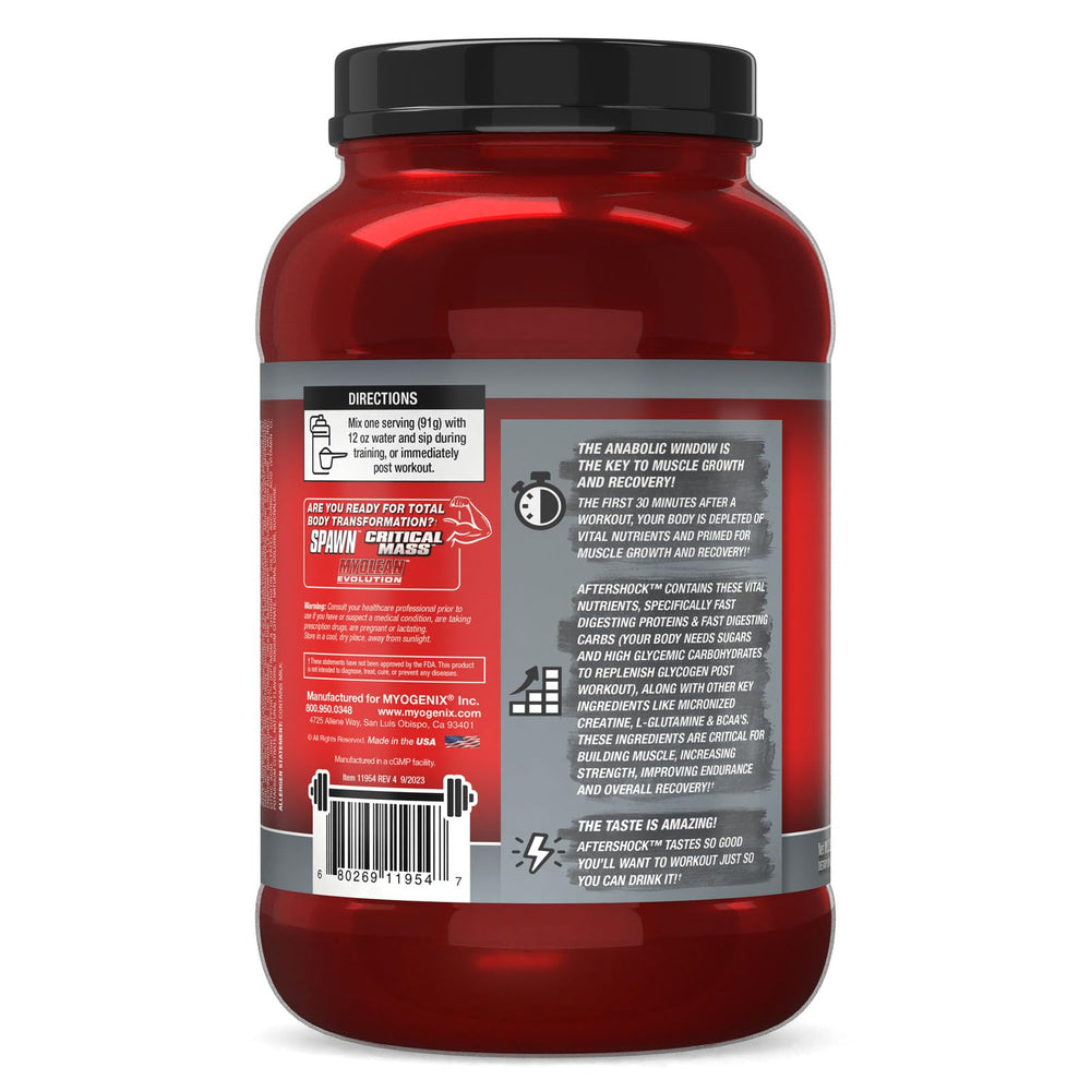 Myogenix AFTERSHOCK Wildberry back label showing allergen information.
