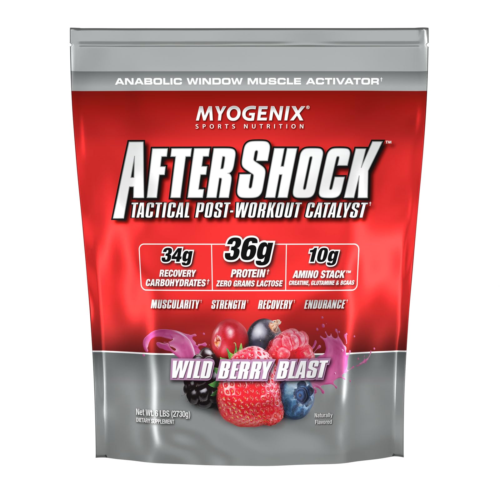Myogenix Aftershock Wildberry bottle front shows fast-absorbing protein for post-workout recovery