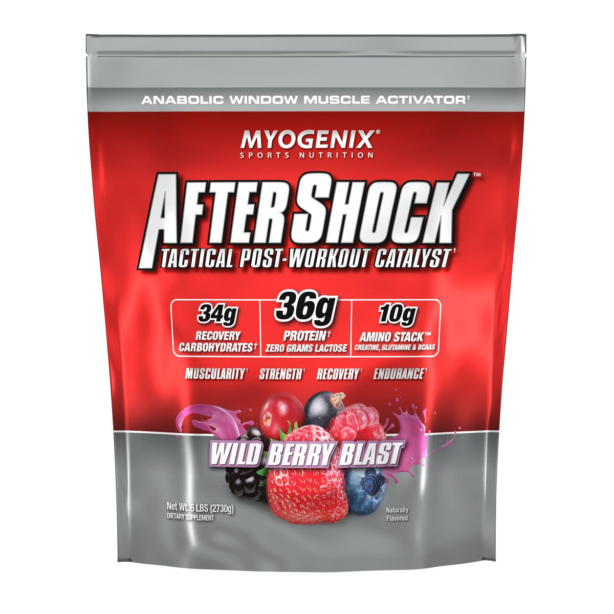 Myogenix Aftershock Wildberry bottle front shows fast-absorbing protein for post-workout recovery