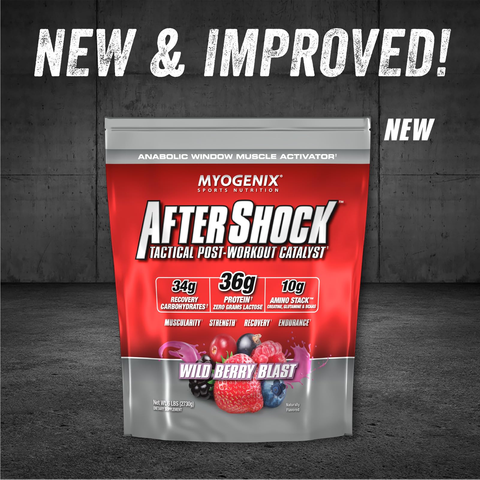Myogenix Aftershock Wildberry powder scoop offers convenient serving for muscle repair
