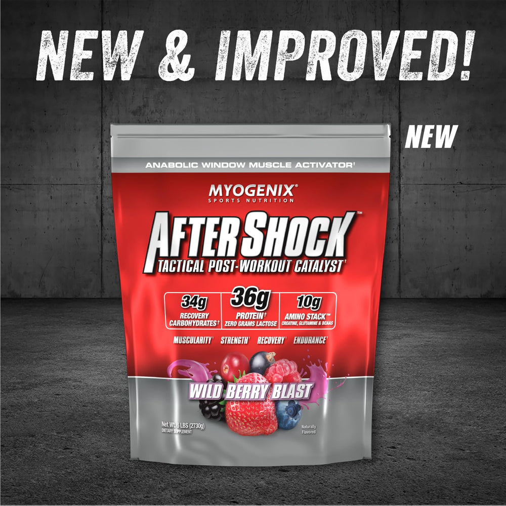 Myogenix Aftershock Wildberry powder scoop offers convenient serving for muscle repair