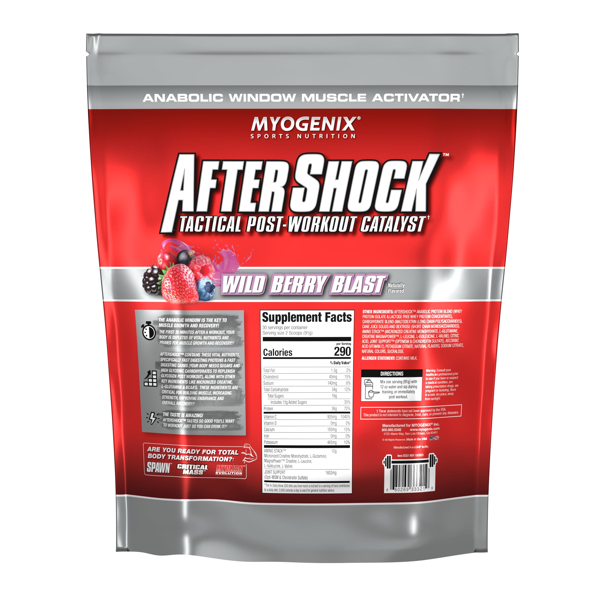 Myogenix Aftershock Wildberry powder texture closeup shows smooth shake potential