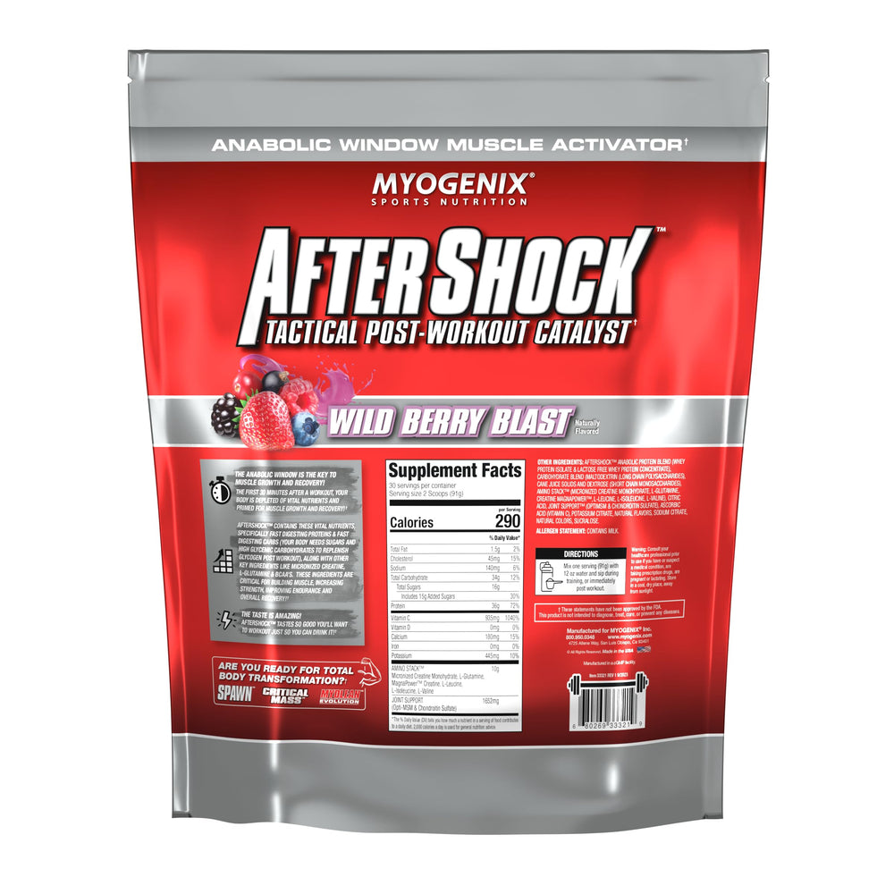 Myogenix Aftershock Wildberry powder texture closeup shows smooth shake potential