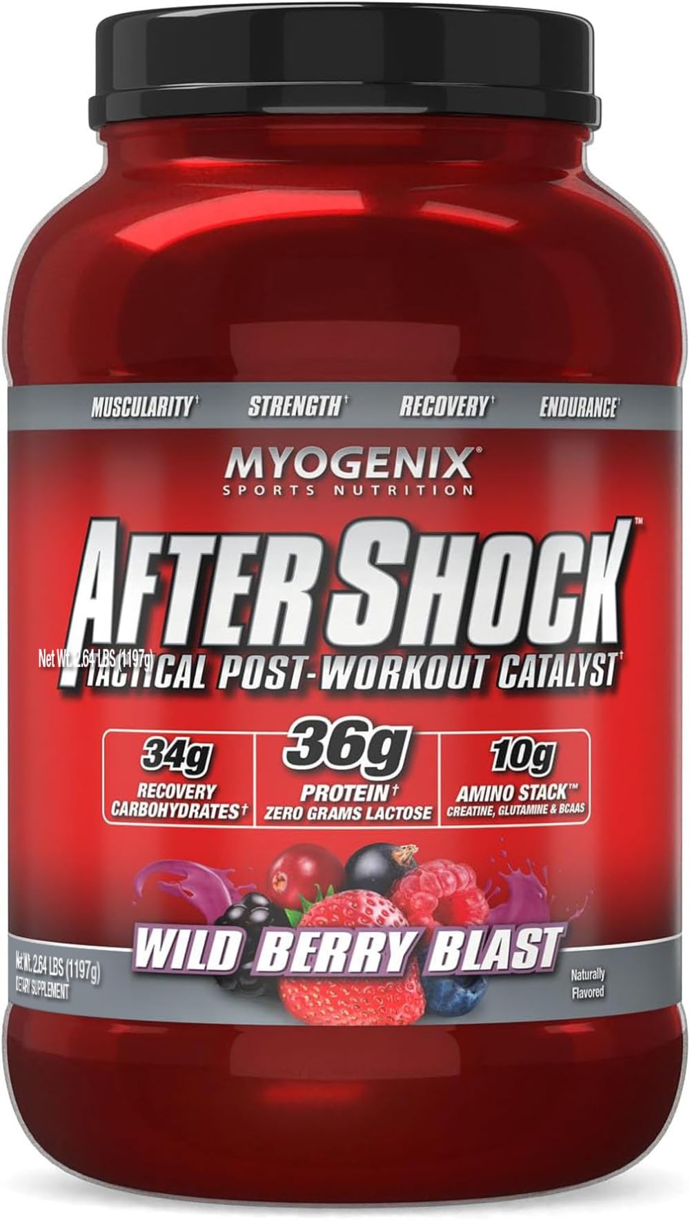 Myogenix AFTERSHOCK Wildberry tub front for post-workout recovery fueling.