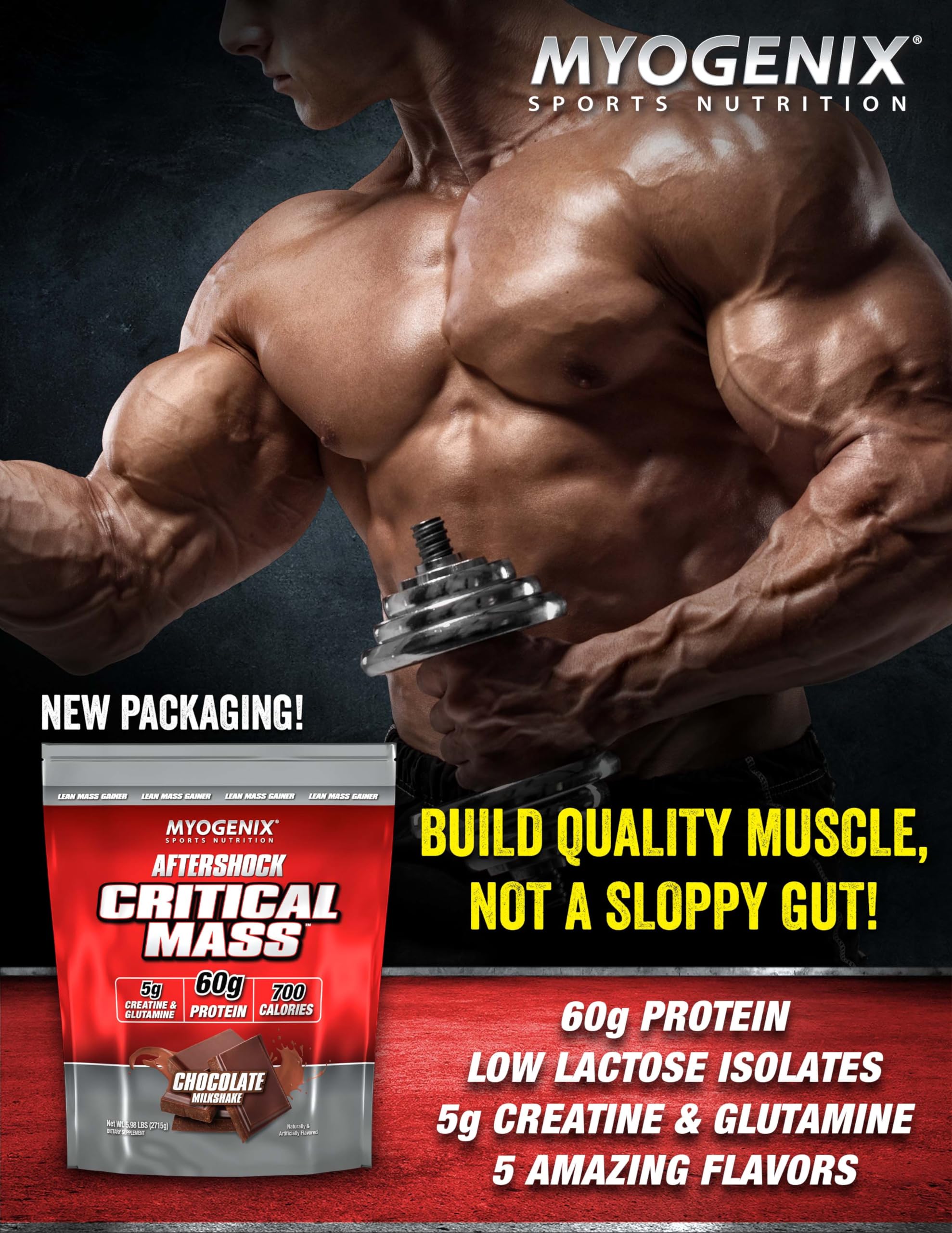 Myogenix Critical Mass nutrition facts panel outlines calories and balanced macronutrients.
