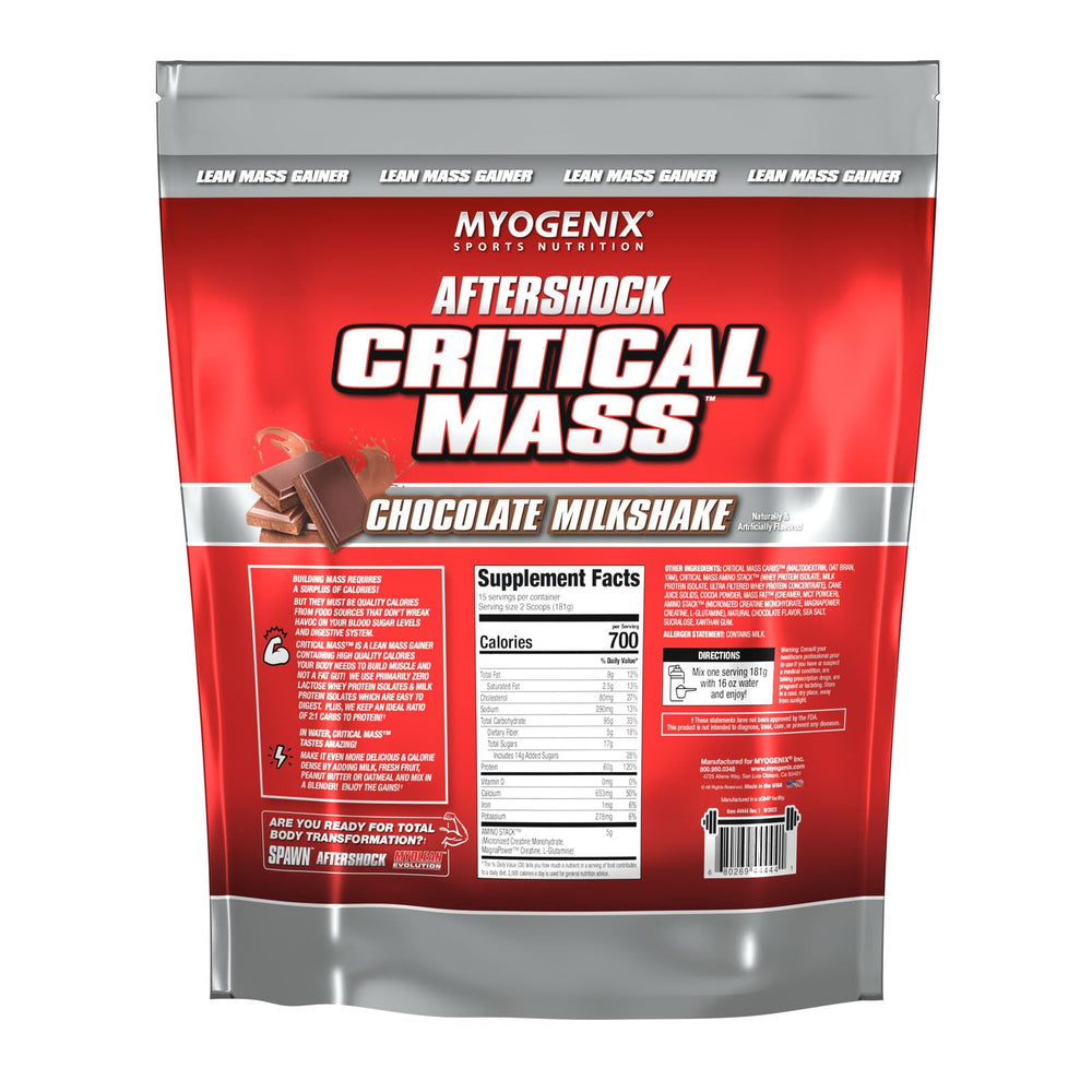 Myogenix Critical Mass powder pack highlights high protein and calories for post-workout recovery.